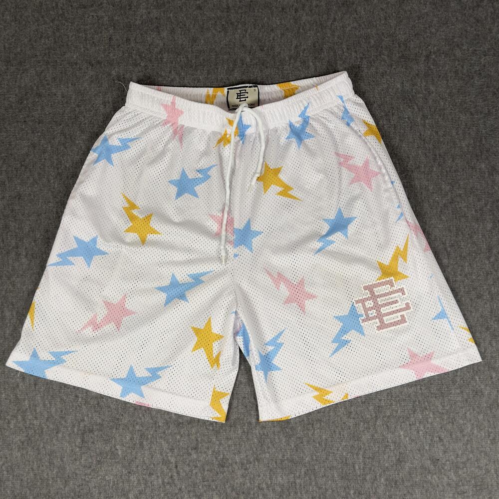 Eric Emanuel Shorts Mens Small White Star Lightning Mesh Athletic 7 Inch Inseam